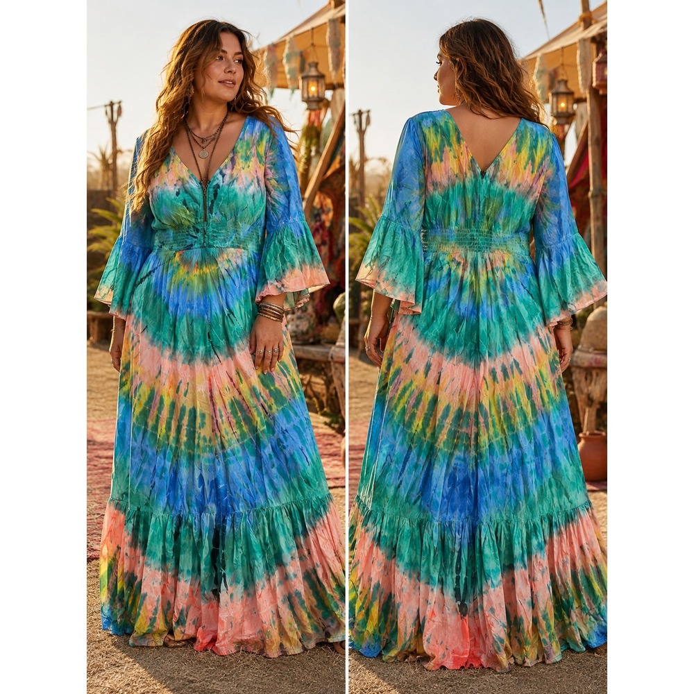 Tie Thai Boho Bell Sleeve Tie Dye Festival Maxi Dress Womens Large Multi-Color
